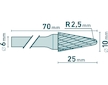 fréza karbidová, konická zakulacená (R 2,5mm), pr.10x25mm/stopka 6mm,sek střední(double-cut)