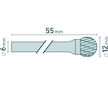 fréza karbidová, kulová, pr.12mm/stopka 6mm,sek střední(double-cut)