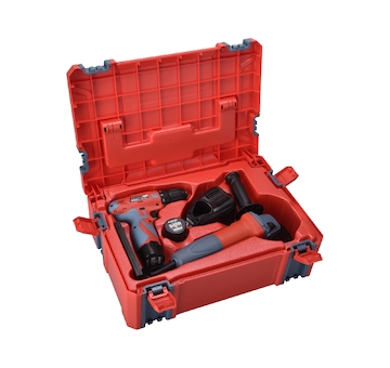 Aku vrtačka 12V Li-ion (2x) a bruska úhlová 125mm v plastovém boxu
