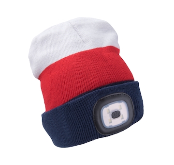 Čepice s čelovkou 45lm, nabíjecí, USB, bílá/červená/modrá, univerzální velikost