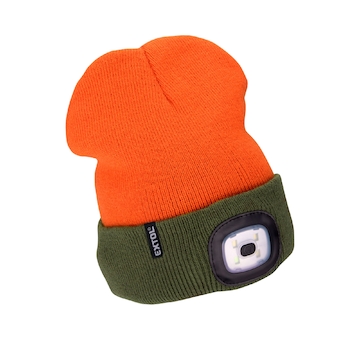 Čepice s čelovkou 4x45lm, USB nabíjení, fluorescentní oranžová/khaki zelená, oboustranná, univerzální velikost