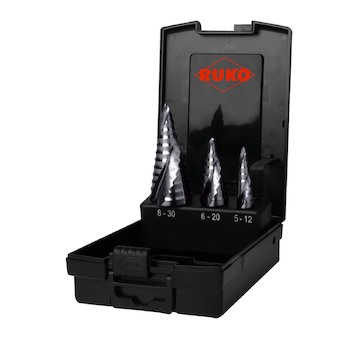 RUKO Sada stupňovitých vrtáků s břitem FLOWSTEP, povlak RUnaTEC HSS | 5-12, 6-20, 8-30 mm, plastový box