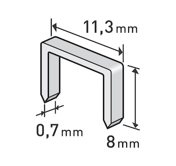 spony, balení 1000ks, 8mm, 11,3x0,52x0,70mm